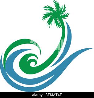 Stylized tropical logo featuring a palm tree and ocean wave, symbolizing travel, beaches, relaxation, tourism, and nature.` Stock Vector